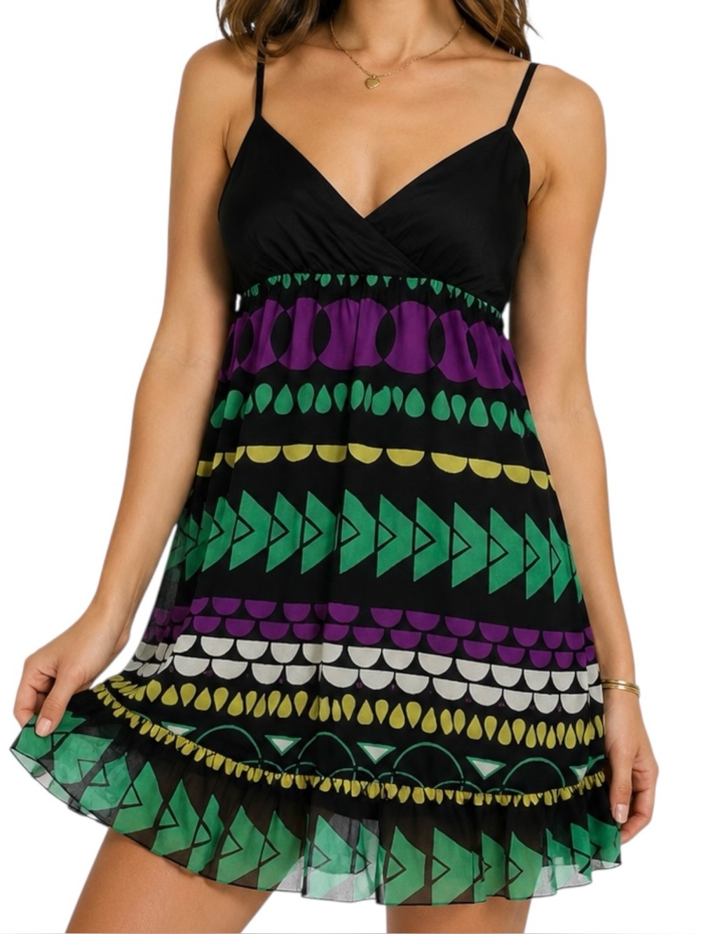 Jenny Han Silk Mini Dress S Black Abstract Ruffle Hem Y2K Boho